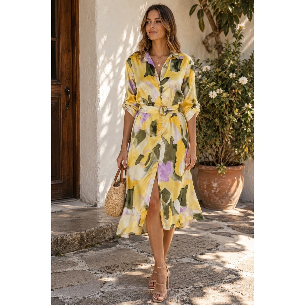 French Connection Yellow Abstract Floral Satin Long Shirt Dress Large Artsy